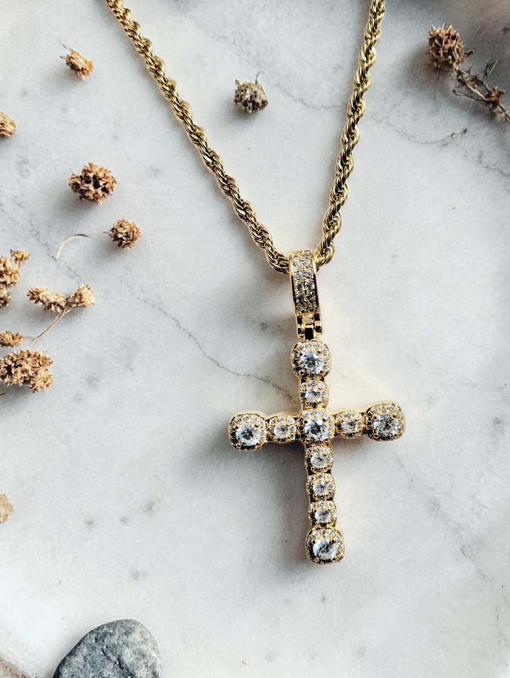 Gold Cross Pendant Necklace with Clear Crystals - Unbranded